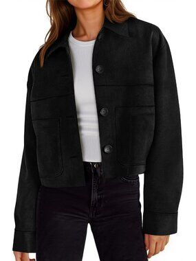 Women's Black Long Sleeve Cropped Faux Suede Leather Jacket Lapel Trench Coat
